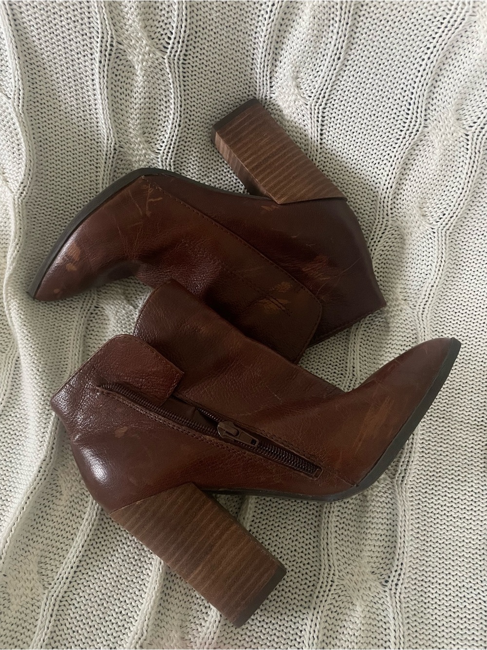 Women's Brown Leather Block Heel Ankle Boots- Guess